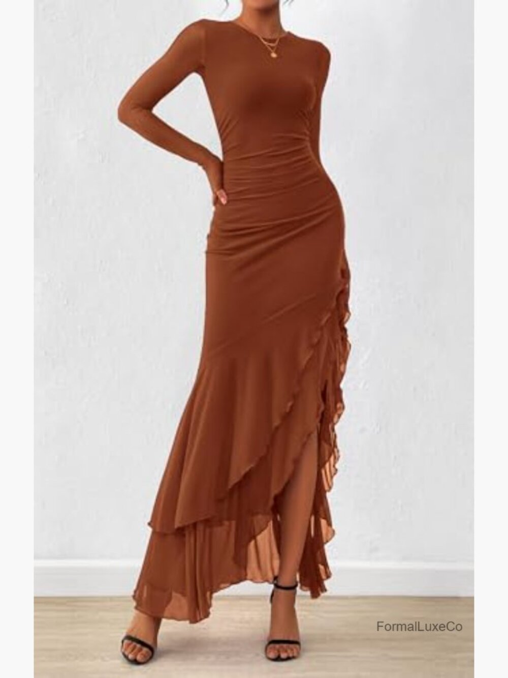 Elegant Long Sleeve Ruched Mermaid Maxi Dress Cocktail Wedding Guest - Picture 4 of 7
